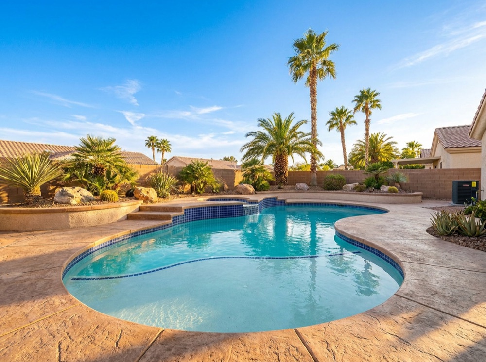 Freshly resurfaced swimming pool with new pebble finish in Las Vegas